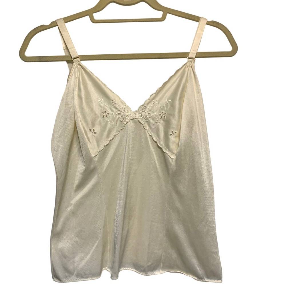 Vintage Camisole Top Size S Ivory Floral Eyelet Satin Lingerie Tank Delicate‎